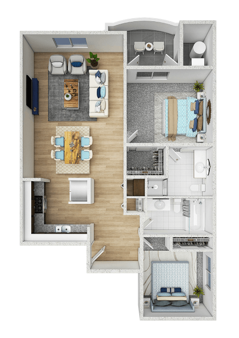 A top-down view of a small apartment layout with a kitchen, living room, and bedroom.